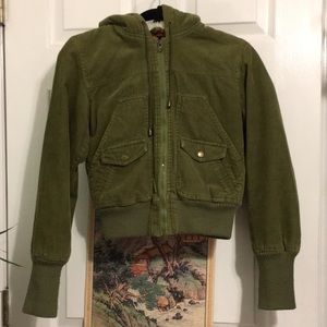 green courdoroy cropped jacket with faux fur lined hood